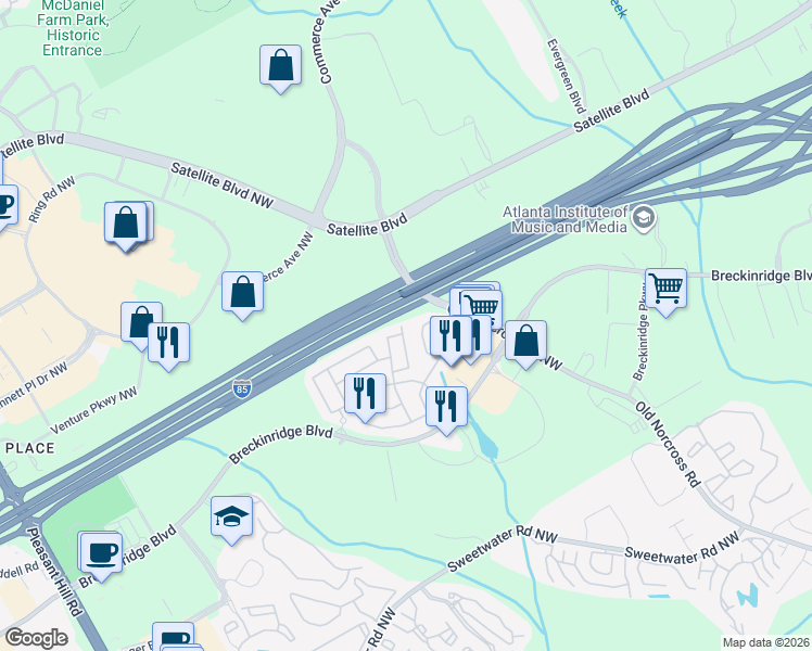 map of restaurants, bars, coffee shops, grocery stores, and more near 3138 Creston Park Court in Duluth