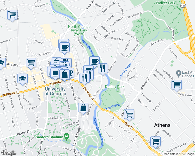 map of restaurants, bars, coffee shops, grocery stores, and more near 910 East Broad Street in Athens