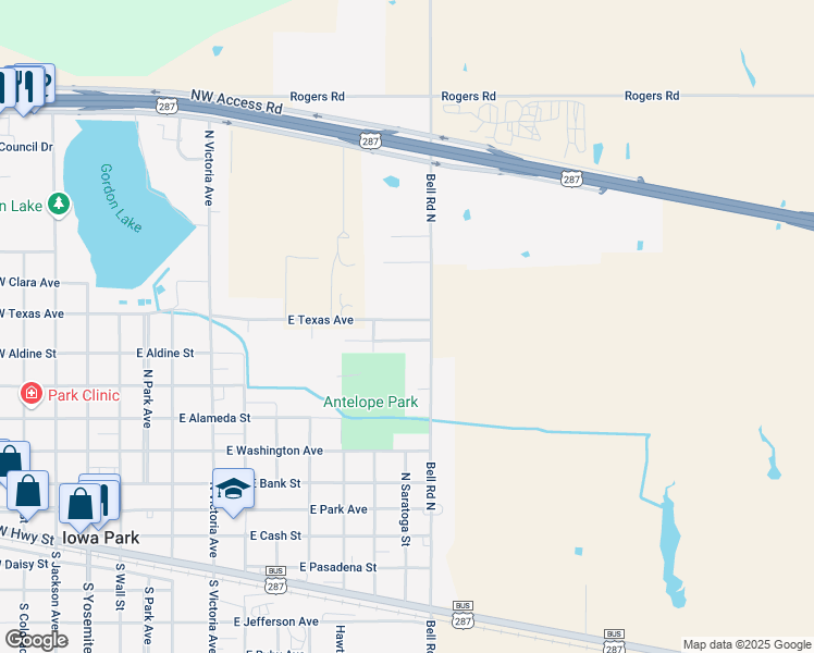 map of restaurants, bars, coffee shops, grocery stores, and more near 911 East Texas Avenue in Iowa Park