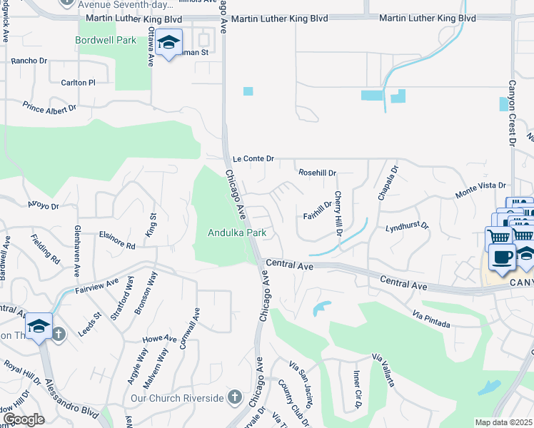 map of restaurants, bars, coffee shops, grocery stores, and more near 5200 Chicago Avenue in Riverside