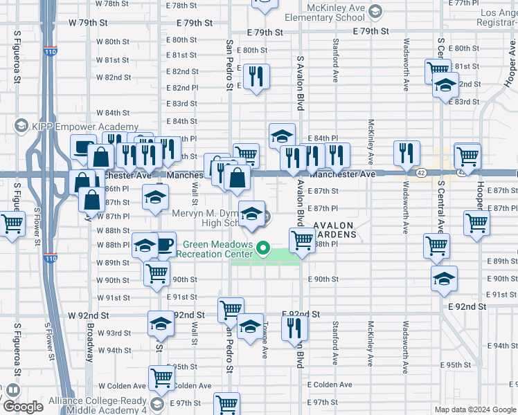 map of restaurants, bars, coffee shops, grocery stores, and more near 8730 Crocker Street in Los Angeles