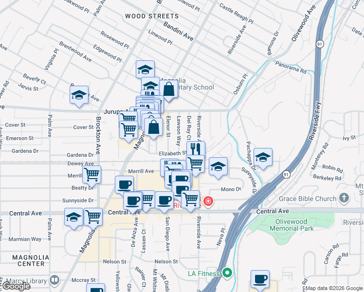map of restaurants, bars, coffee shops, grocery stores, and more near 6164 Lawson Way in Riverside