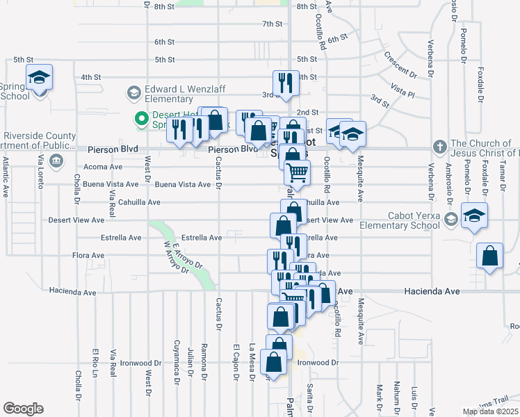 map of restaurants, bars, coffee shops, grocery stores, and more near 66385 Cahuilla Avenue in Desert Hot Springs