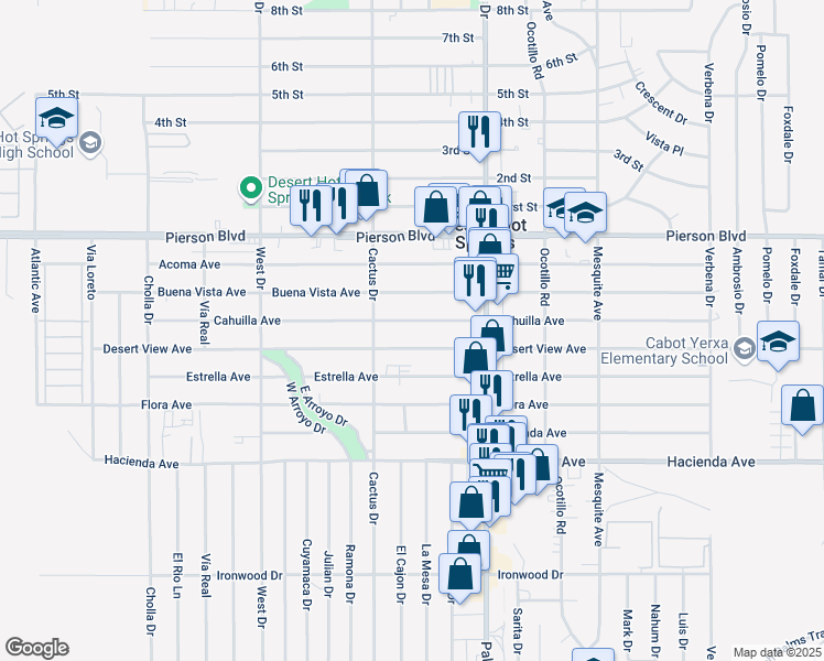 map of restaurants, bars, coffee shops, grocery stores, and more near 66385 Cahuilla Avenue in Desert Hot Springs
