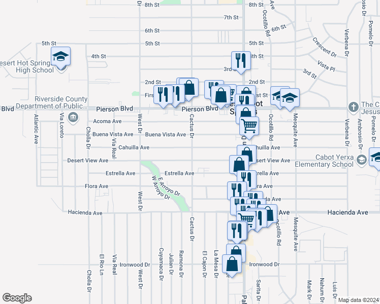 map of restaurants, bars, coffee shops, grocery stores, and more near 66197 Cahuilla Avenue in Desert Hot Springs