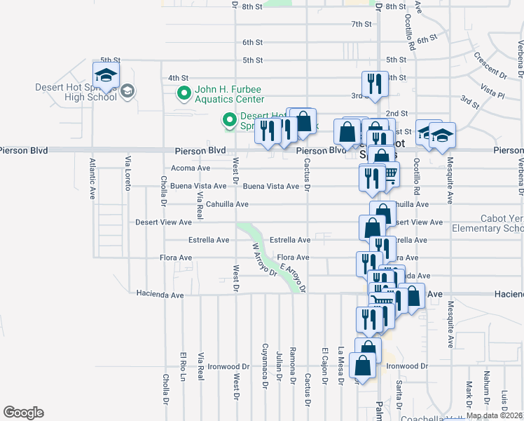 map of restaurants, bars, coffee shops, grocery stores, and more near 66119 Cahuilla Avenue in Desert Hot Springs