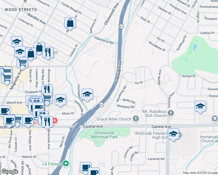 map of restaurants, bars, coffee shops, grocery stores, and more near 3215 Gibraltar Drive in Riverside