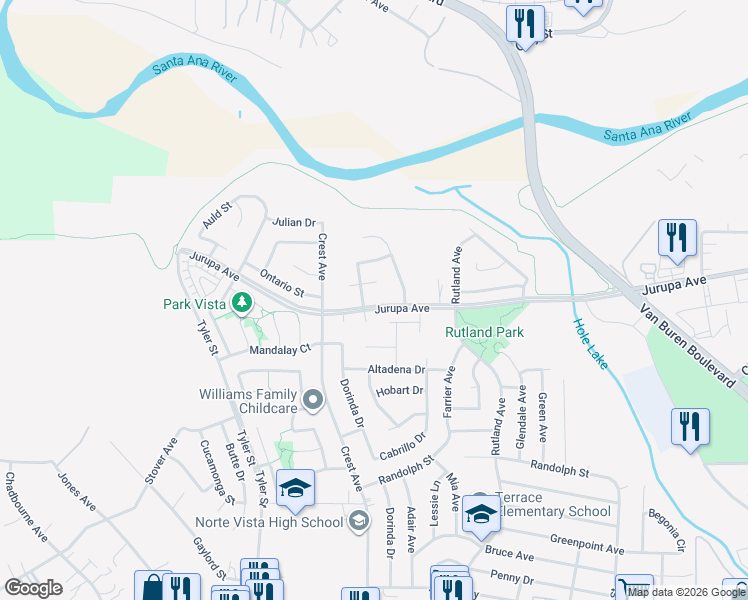 map of restaurants, bars, coffee shops, grocery stores, and more near 9669 Jurupa Avenue in Riverside