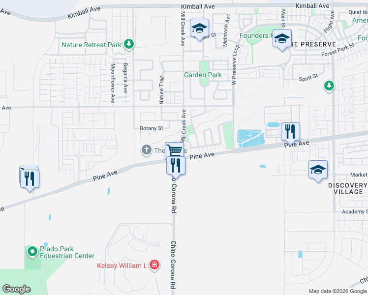 map of restaurants, bars, coffee shops, grocery stores, and more near 16247 Tradewinds Place in Chino