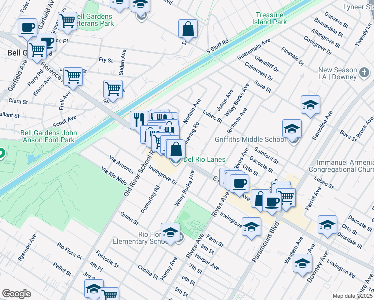 map of restaurants, bars, coffee shops, grocery stores, and more near 10023 Pomering Road in Downey