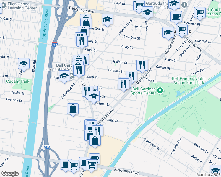 map of restaurants, bars, coffee shops, grocery stores, and more near 5931 Muller Street in Bell Gardens