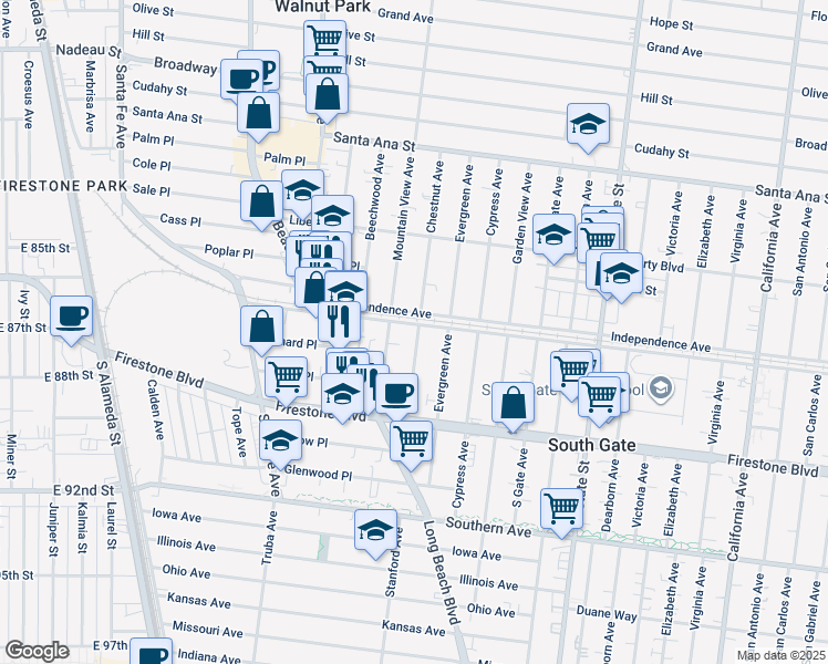 map of restaurants, bars, coffee shops, grocery stores, and more near 2906 Ardmore Avenue in South Gate