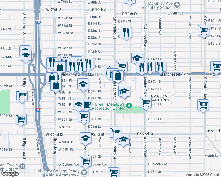 map of restaurants, bars, coffee shops, grocery stores, and more near 237 East 87th Place in Los Angeles
