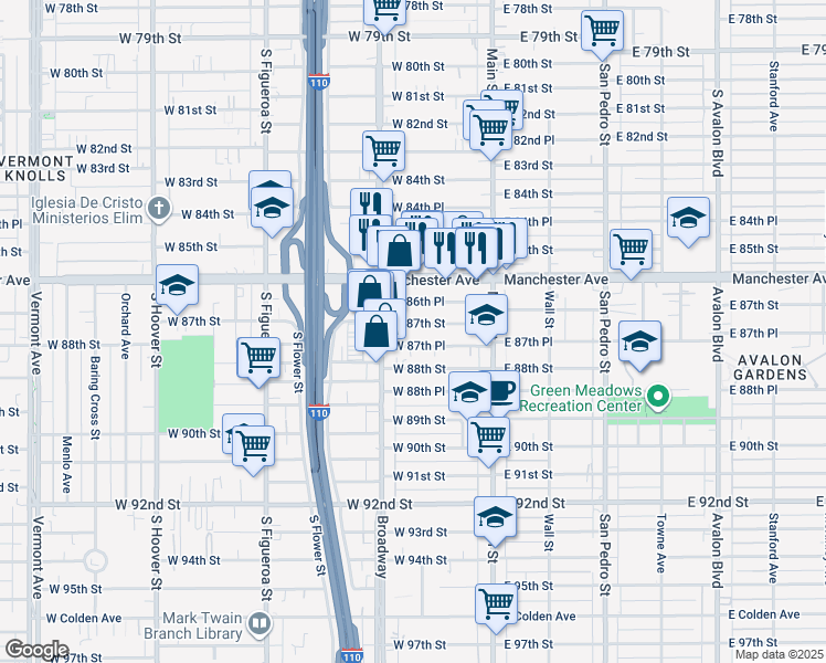 map of restaurants, bars, coffee shops, grocery stores, and more near 210 West 87th Street in Los Angeles