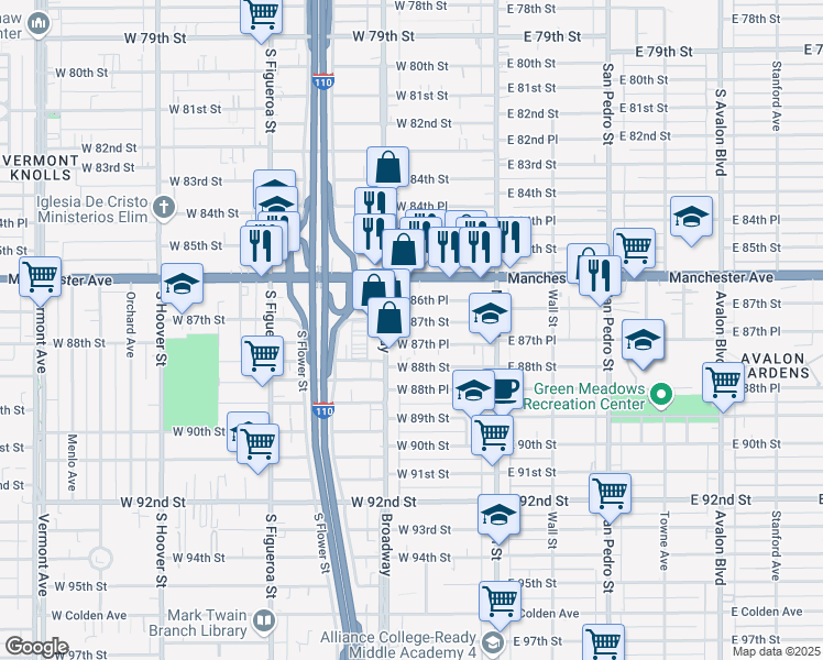 map of restaurants, bars, coffee shops, grocery stores, and more near 210 West 87th Street in Los Angeles