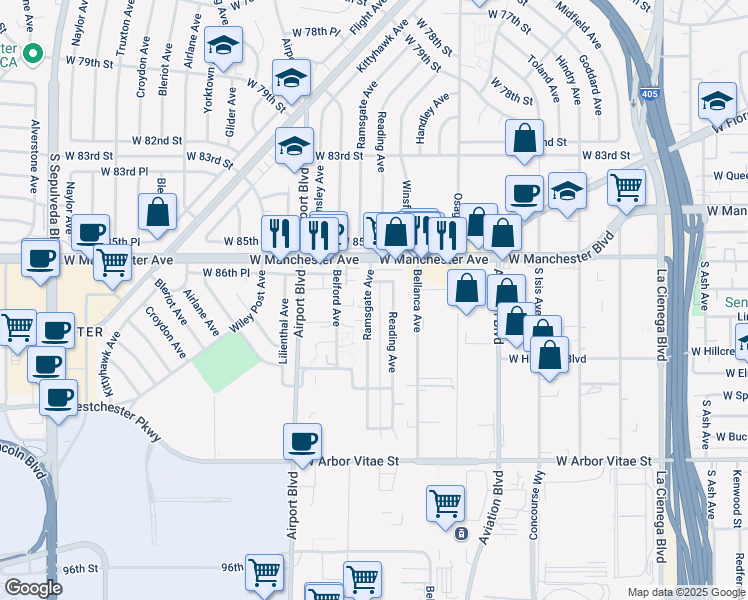 map of restaurants, bars, coffee shops, grocery stores, and more near 8715 Ramsgate Avenue in Los Angeles
