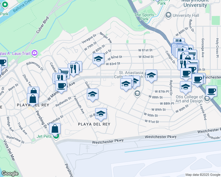 map of restaurants, bars, coffee shops, grocery stores, and more near 7740 Redlands Street in Los Angeles