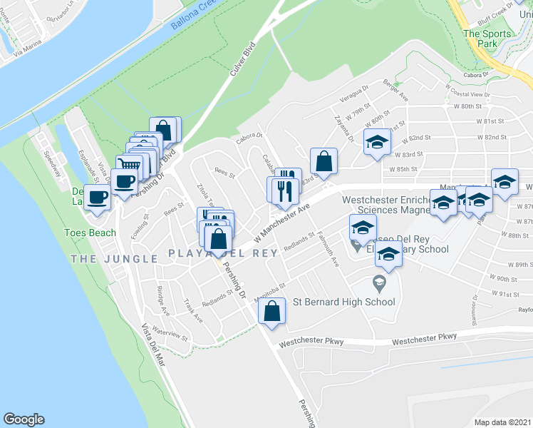 map of restaurants, bars, coffee shops, grocery stores, and more near 8365 Tuscany Avenue in Los Angeles