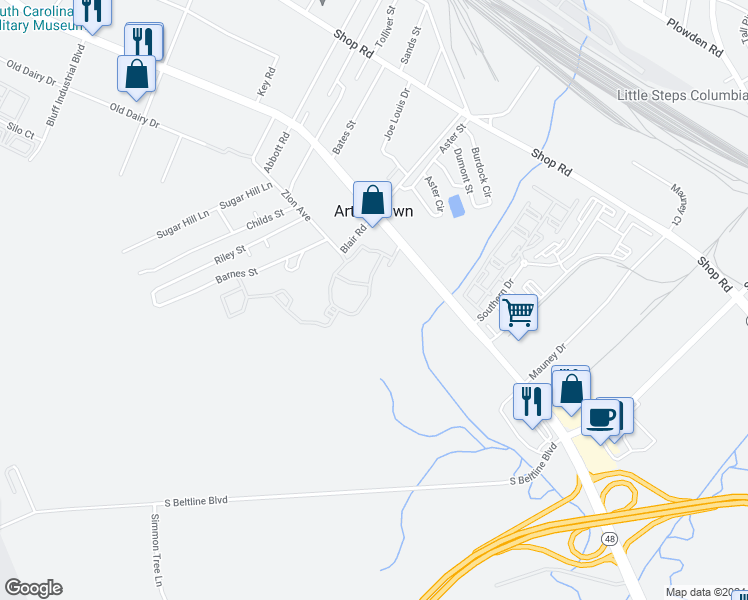 map of restaurants, bars, coffee shops, grocery stores, and more near 1935 Bluff Road in Columbia