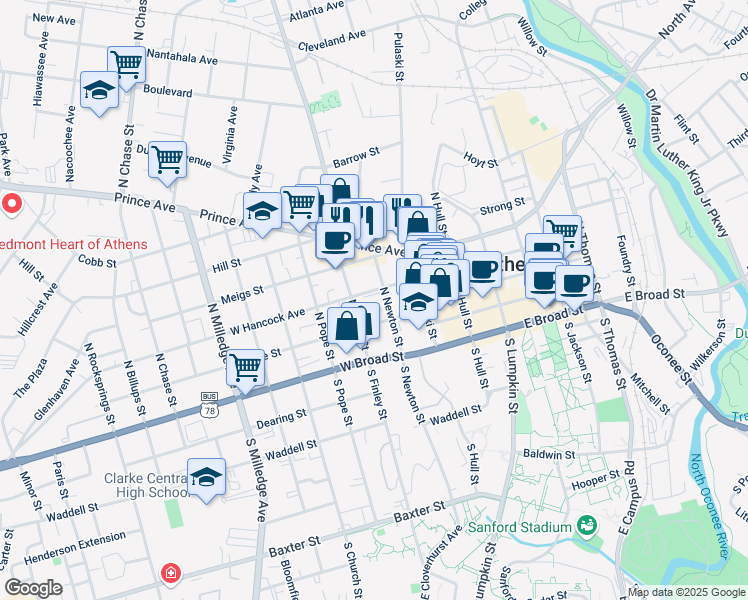 map of restaurants, bars, coffee shops, grocery stores, and more near 393 West Hancock Avenue in Athens