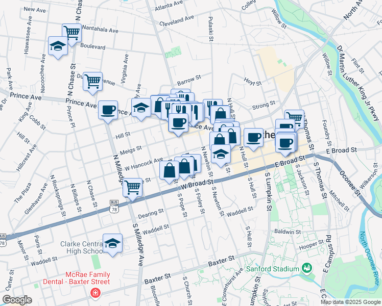 map of restaurants, bars, coffee shops, grocery stores, and more near 524 West Hancock Avenue in Athens