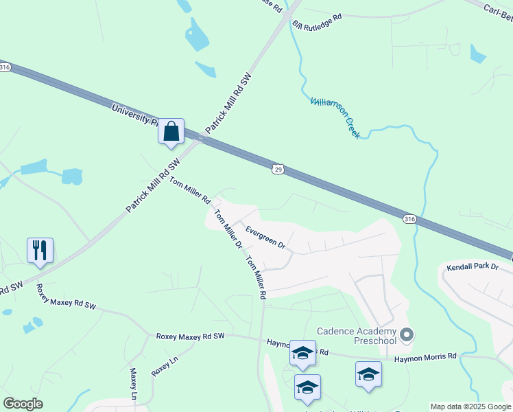 map of restaurants, bars, coffee shops, grocery stores, and more near 630 Evergreen Road in Winder