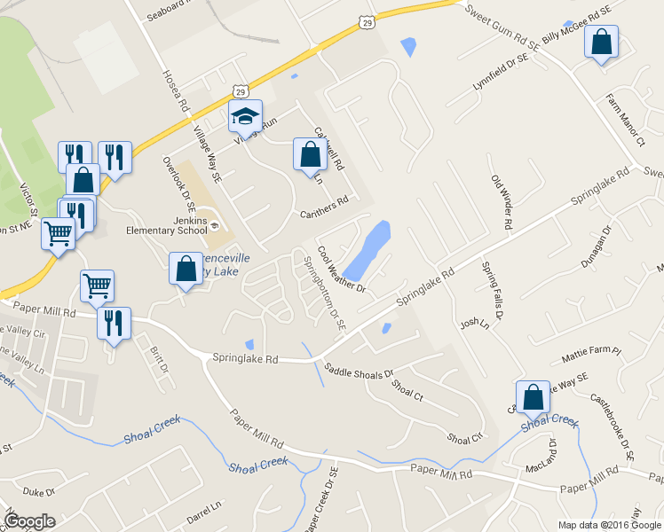 map of restaurants, bars, coffee shops, grocery stores, and more near Cool Weather Drive in Lawrenceville