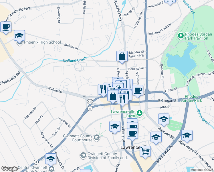 map of restaurants, bars, coffee shops, grocery stores, and more near 225 West Oak Street in Lawrenceville