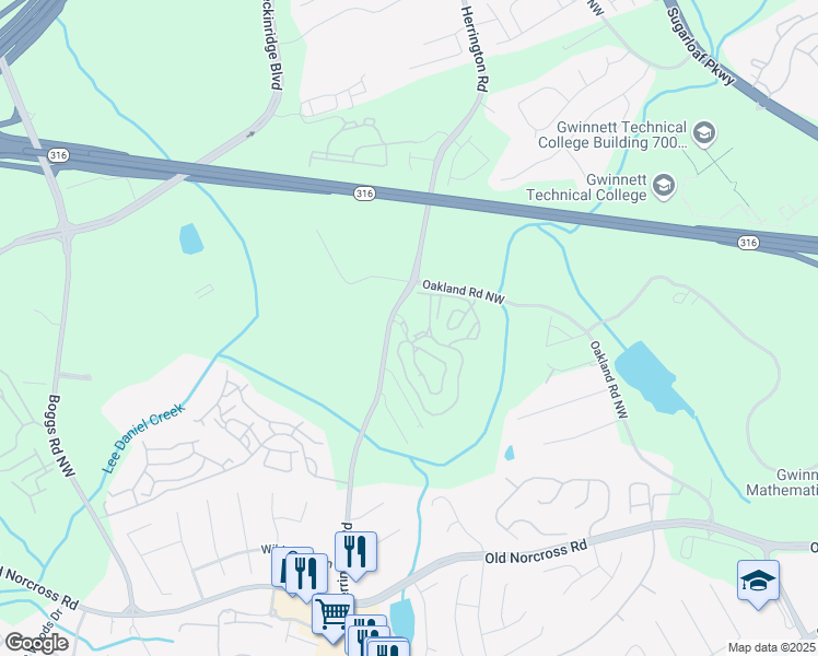 map of restaurants, bars, coffee shops, grocery stores, and more near 1400 Herrington Road in Lawrenceville