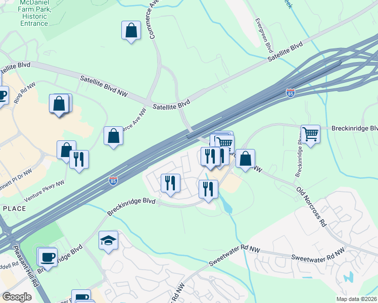 map of restaurants, bars, coffee shops, grocery stores, and more near 3138 Creston Park Court in Duluth