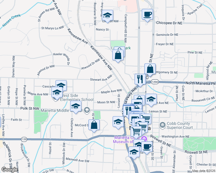 map of restaurants, bars, coffee shops, grocery stores, and more near 91 Holland Street Northwest in Marietta