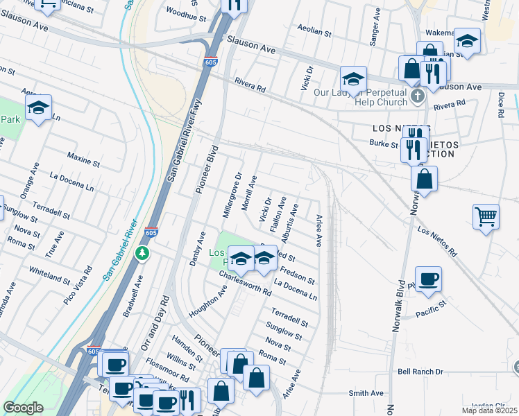 map of restaurants, bars, coffee shops, grocery stores, and more near 9227 Vicki Drive in Santa Fe Springs