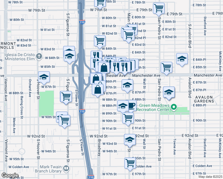 map of restaurants, bars, coffee shops, grocery stores, and more near 210 West 87th Street in Los Angeles