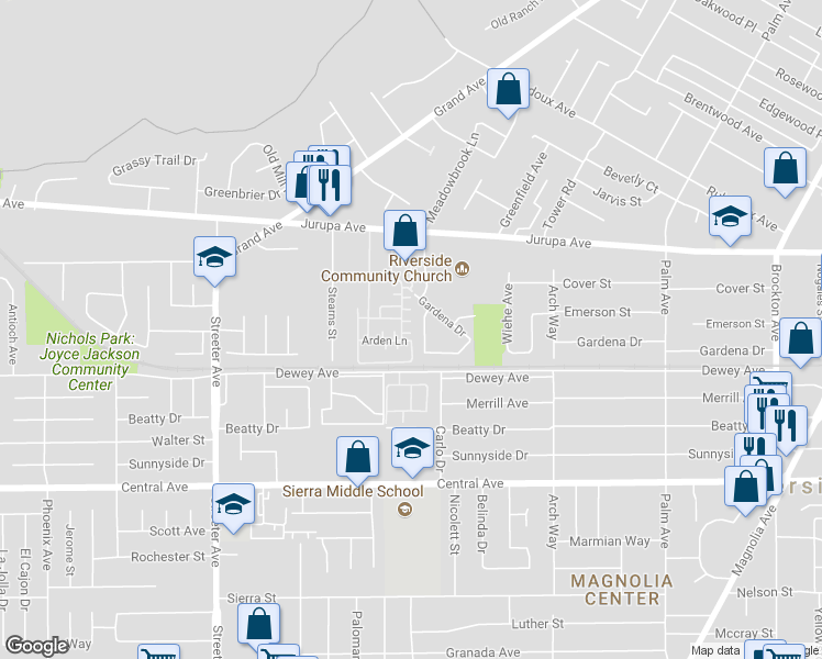 map of restaurants, bars, coffee shops, grocery stores, and more near 4939 Ficus Court in Riverside