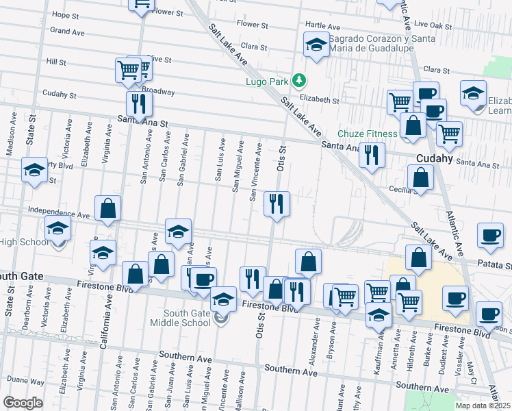 map of restaurants, bars, coffee shops, grocery stores, and more near 8426 San Vincente Avenue in South Gate