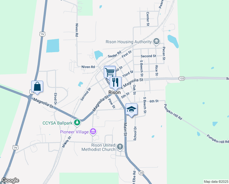 map of restaurants, bars, coffee shops, grocery stores, and more near Magnolia Street & Main Street in Rison