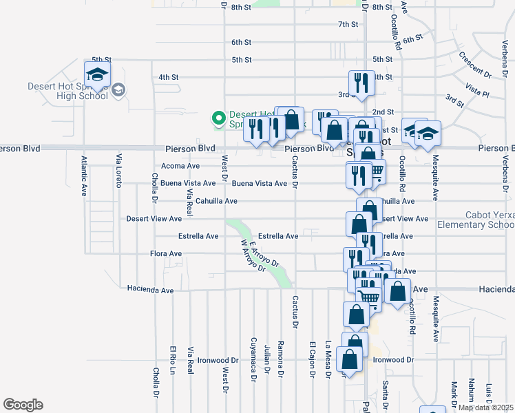 map of restaurants, bars, coffee shops, grocery stores, and more near 66119 Cahuilla Avenue in Desert Hot Springs