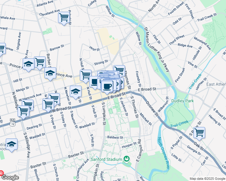 map of restaurants, bars, coffee shops, grocery stores, and more near 193 East Clayton Street in Athens