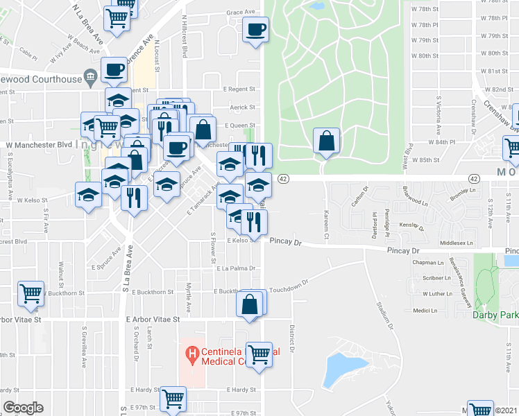 map of restaurants, bars, coffee shops, grocery stores, and more near 503 South Prairie Avenue in Inglewood