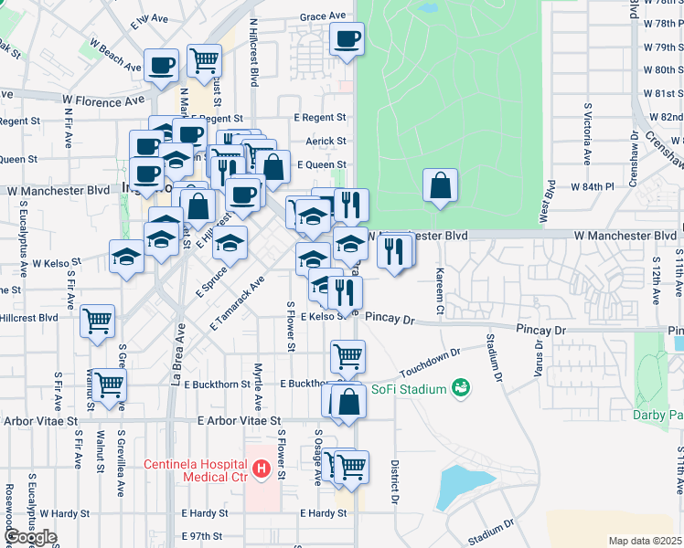 map of restaurants, bars, coffee shops, grocery stores, and more near 818 East Nutwood Street in Inglewood