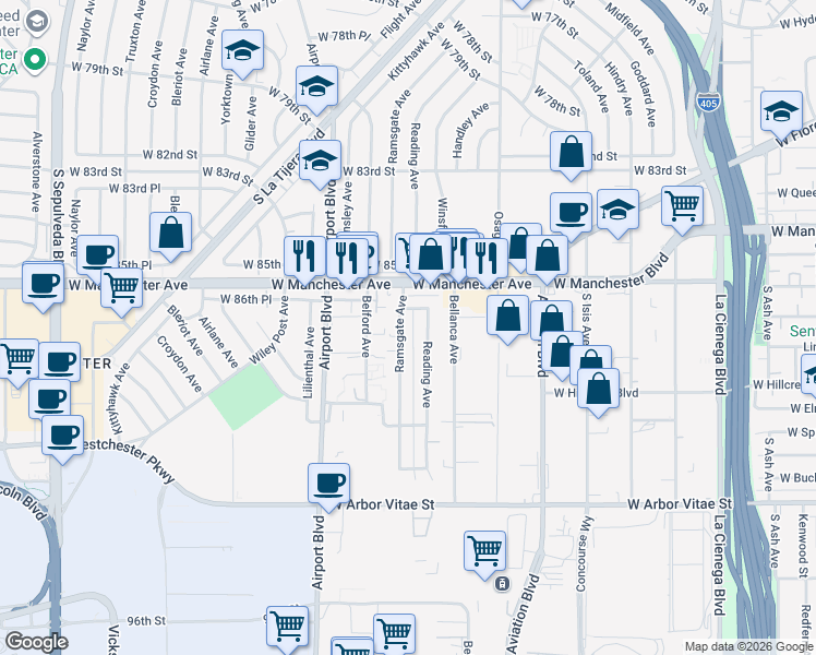 map of restaurants, bars, coffee shops, grocery stores, and more near 8715 Ramsgate Avenue in Los Angeles
