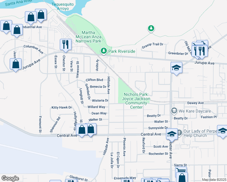 map of restaurants, bars, coffee shops, grocery stores, and more near 6281 Antioch Avenue in Riverside