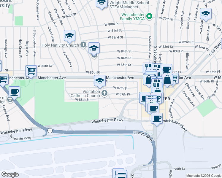 map of restaurants, bars, coffee shops, grocery stores, and more near 6522 West 87th Street in Los Angeles