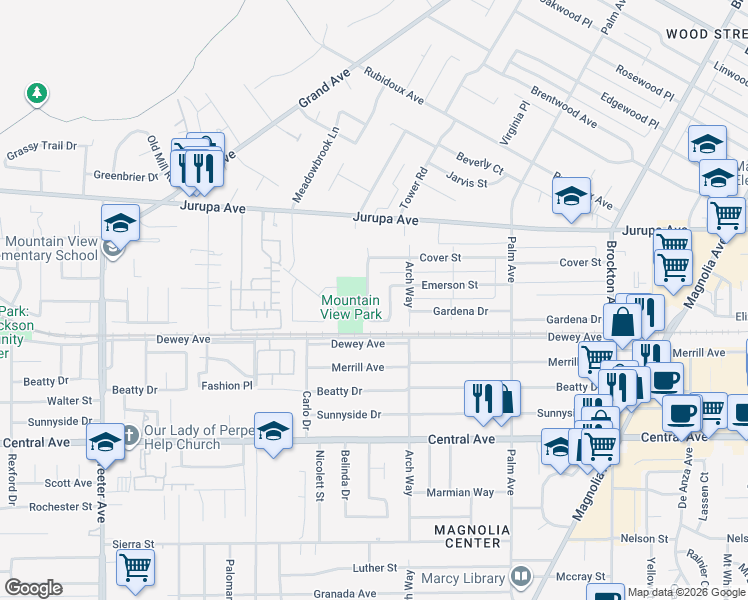map of restaurants, bars, coffee shops, grocery stores, and more near 6245 Raleigh Street in Riverside