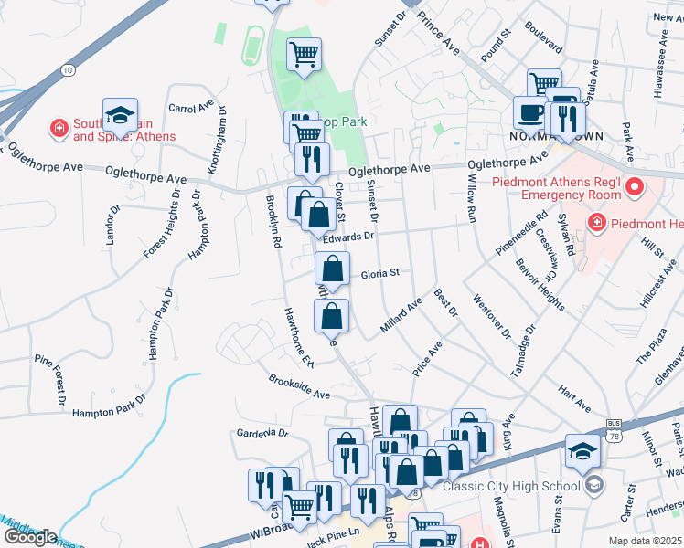 map of restaurants, bars, coffee shops, grocery stores, and more near 370 Clover Street in Athens