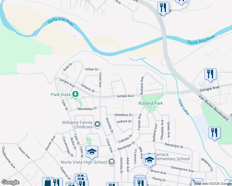 map of restaurants, bars, coffee shops, grocery stores, and more near 9669 Jurupa Avenue in Riverside