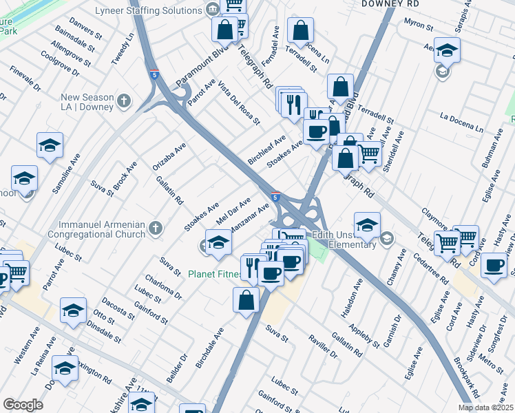 map of restaurants, bars, coffee shops, grocery stores, and more near 9117 Manzanar Avenue in Downey