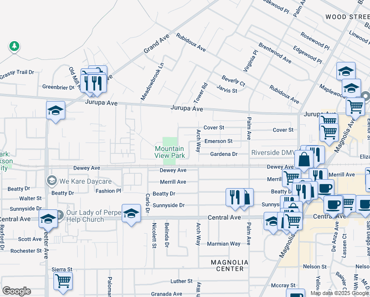 map of restaurants, bars, coffee shops, grocery stores, and more near 6245 Raleigh Street in Riverside