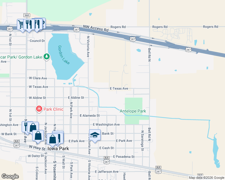 map of restaurants, bars, coffee shops, grocery stores, and more near 607 East Texas Avenue in Iowa Park