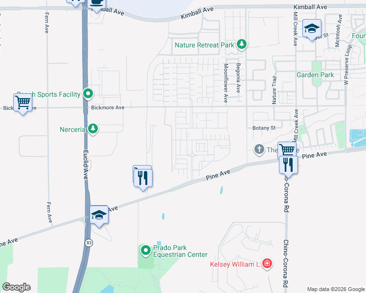 map of restaurants, bars, coffee shops, grocery stores, and more near 7449 Channel View Street in Chino